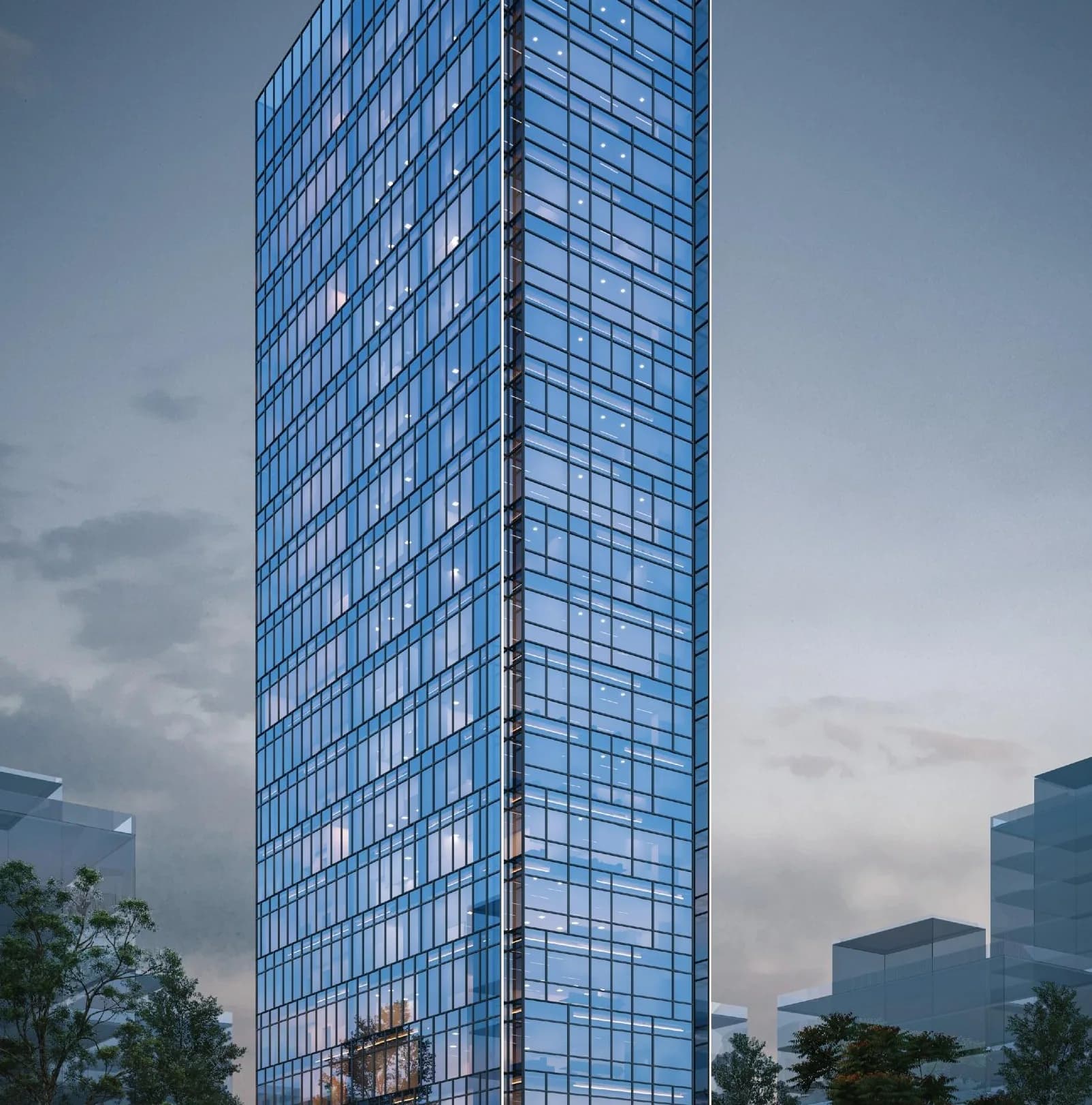 Glory Square, the group’s glass tower at dusk